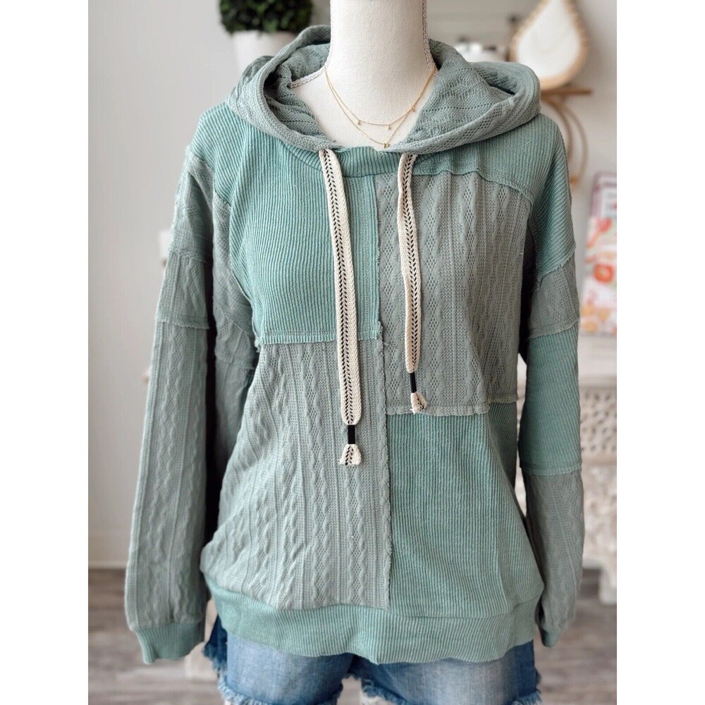 POL Oversized Boxy Sweater Back Chunky Patchwork Knit Hooded Teal Blue Green Lrg
